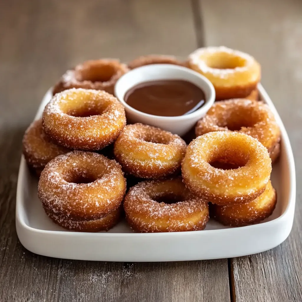 A plate of donuts with chocolate sauce.