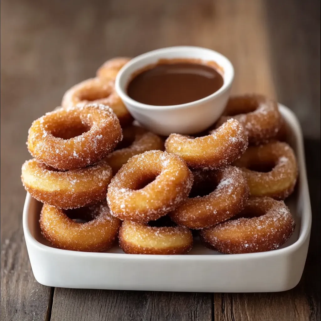 A plate of donuts with chocolate sauce.
