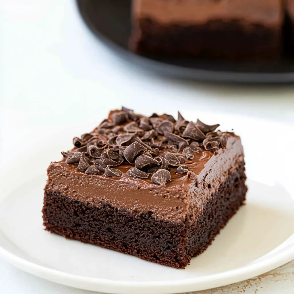A slice of chocolate cake with chocolate chips.