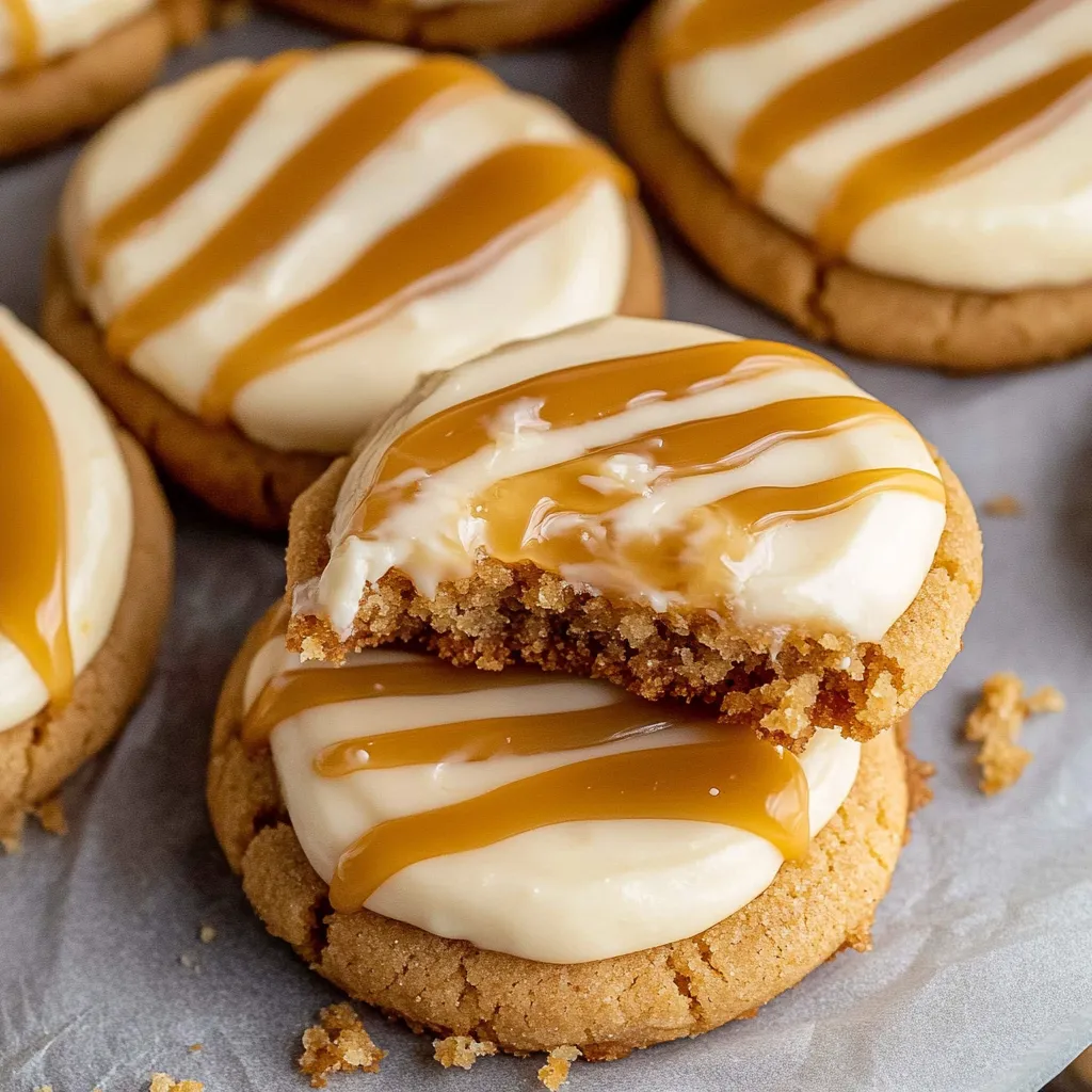 A cookie with white icing and caramel drizzle.
