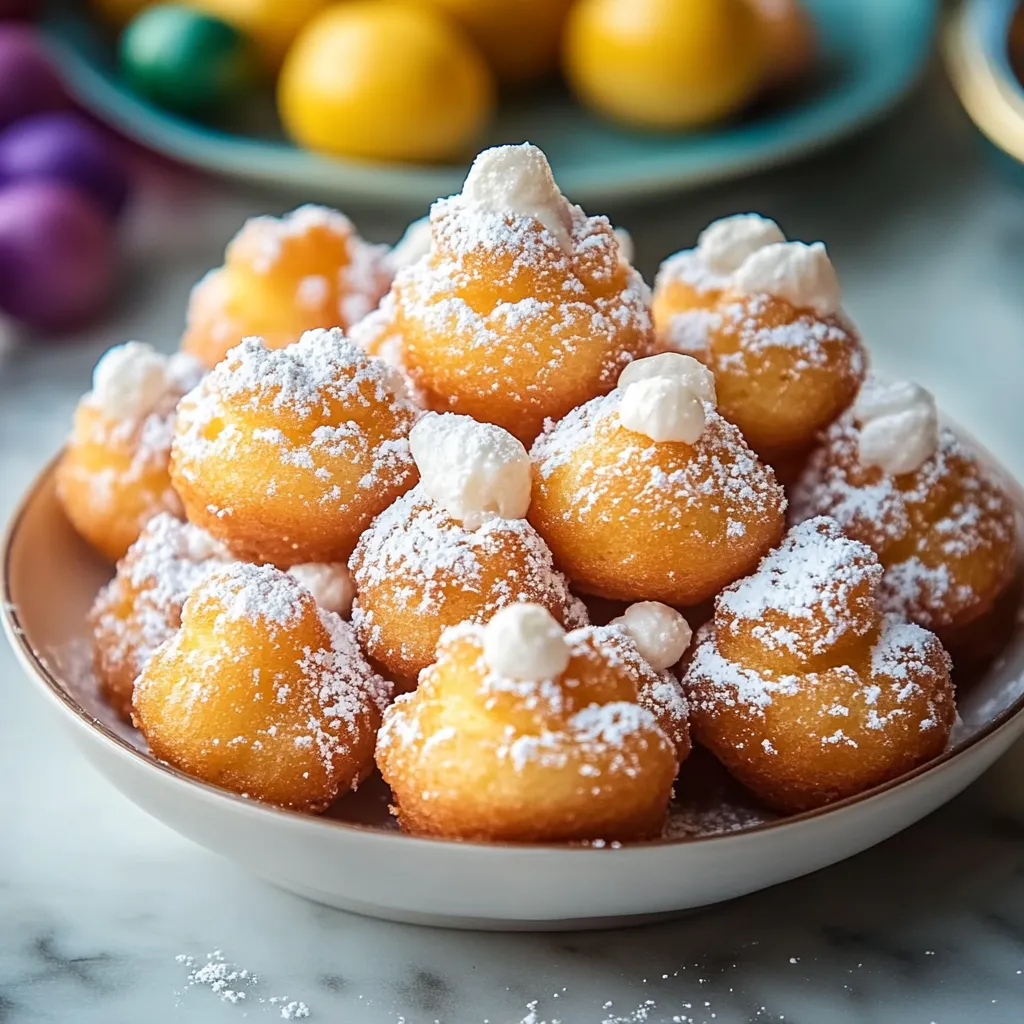 A bowl of powdered sugar covered doughnuts.
