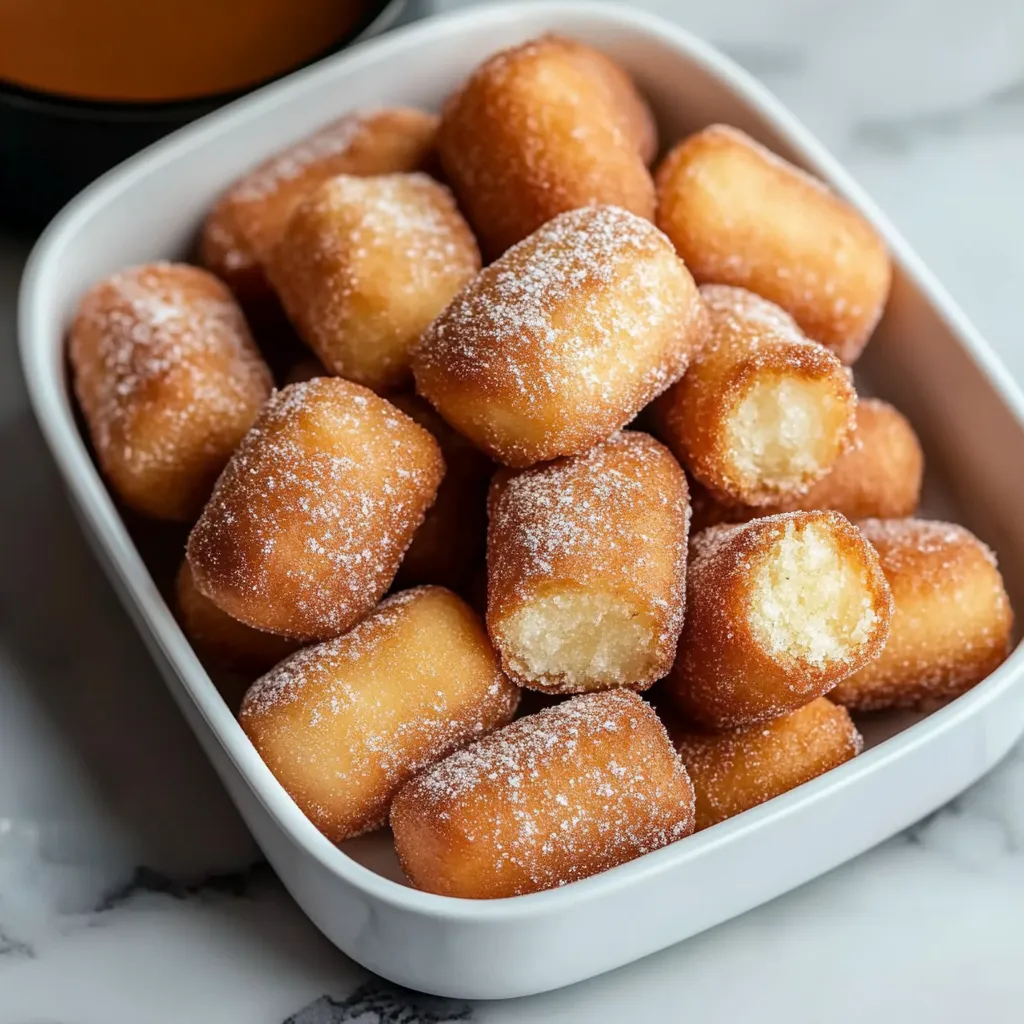 A bowl of powdered sugar covered donuts.