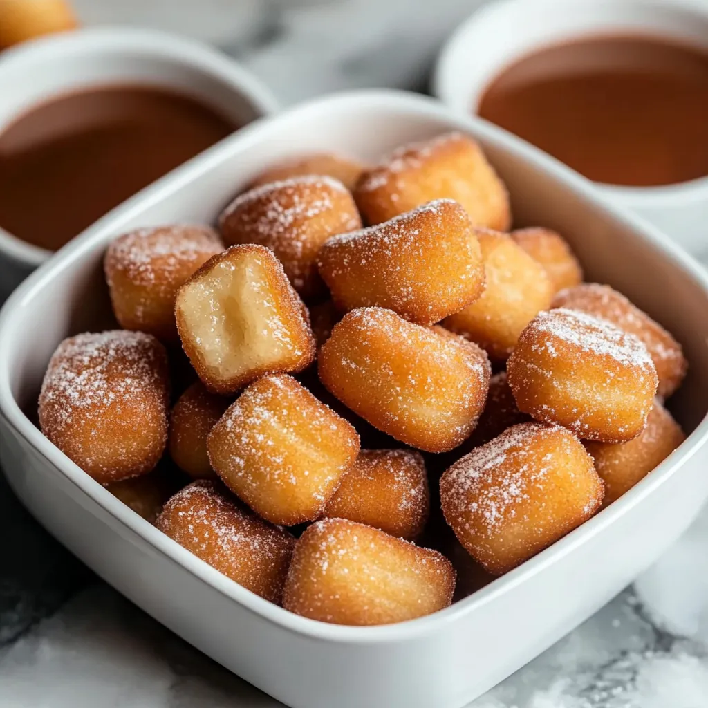 A bowl of powdered sugar covered donuts.