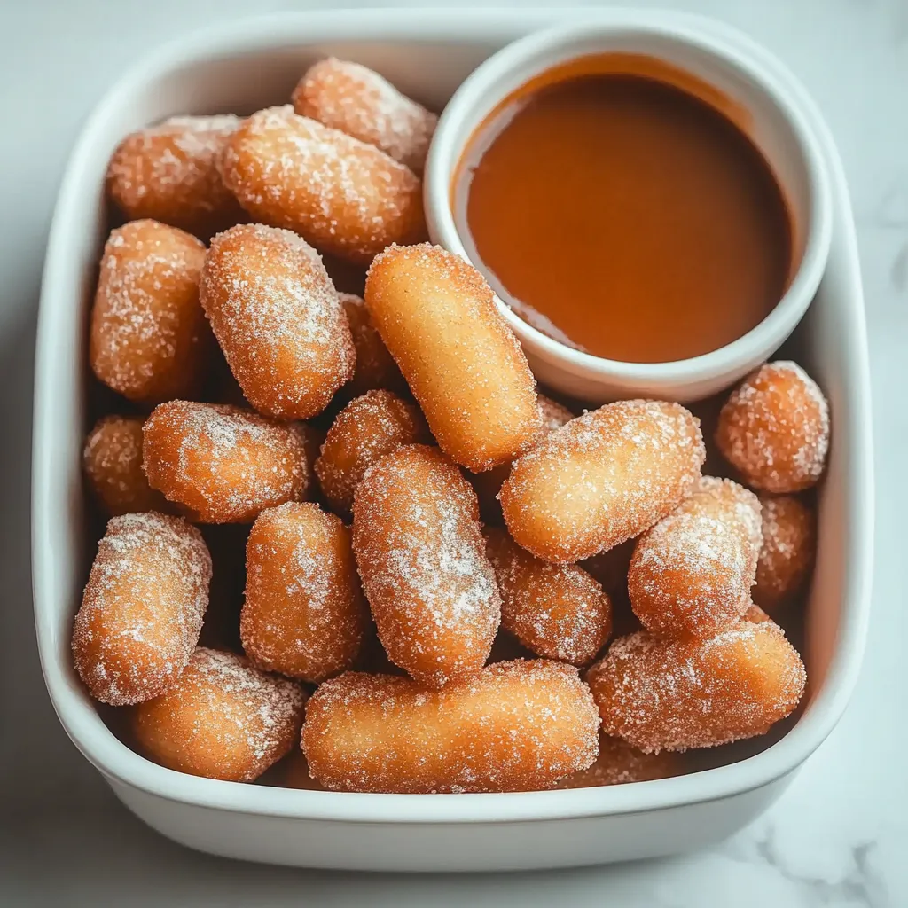 A bowl of doughnuts with a dipping sauce.