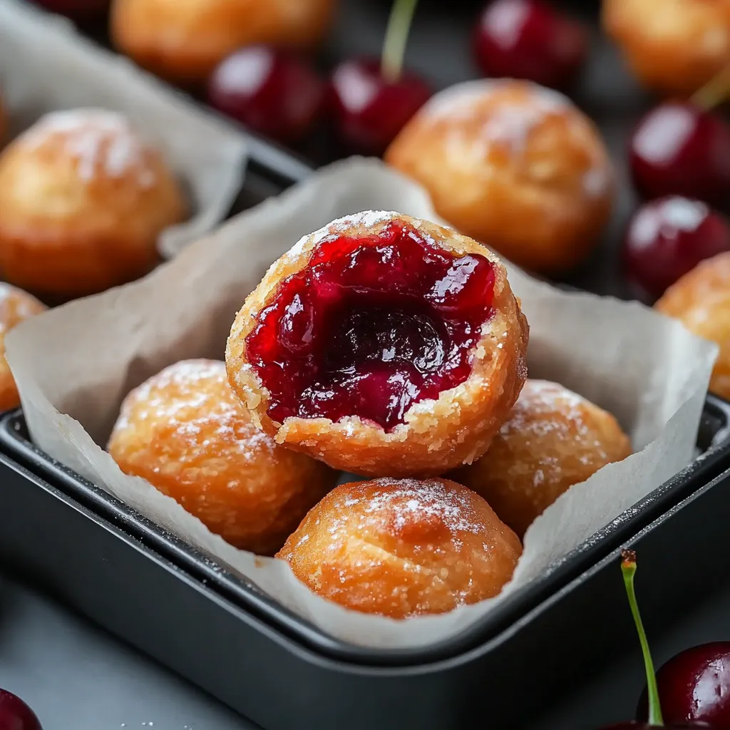 A box of jelly filled donuts with cherries on top.