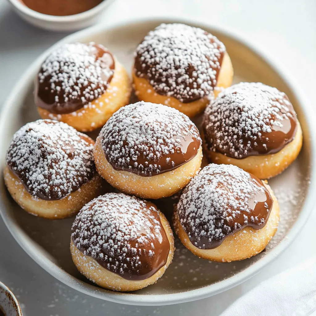 A plate of chocolate covered donuts with powdered sugar.