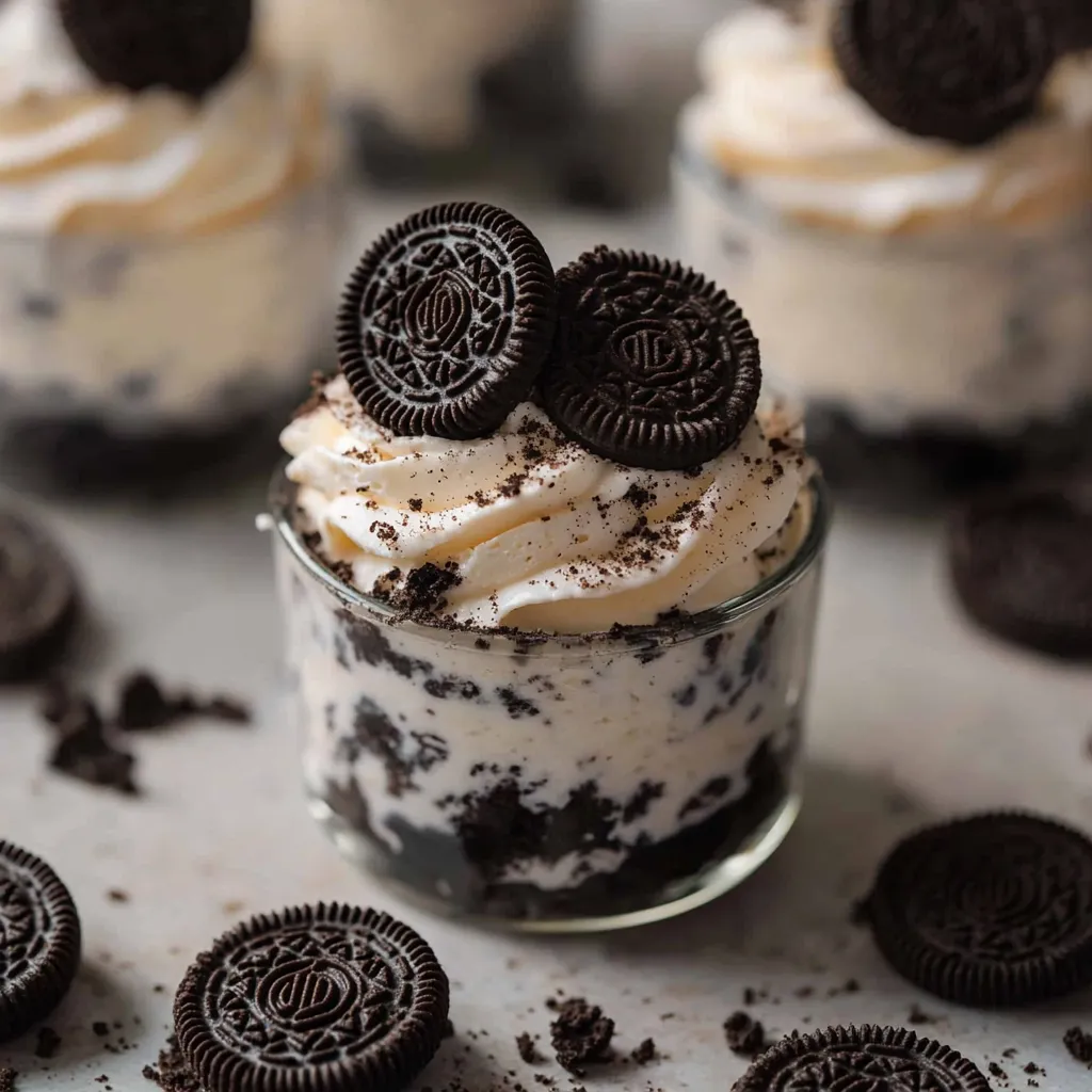 A small cup of ice cream with chocolate and cookie crumbles on top.