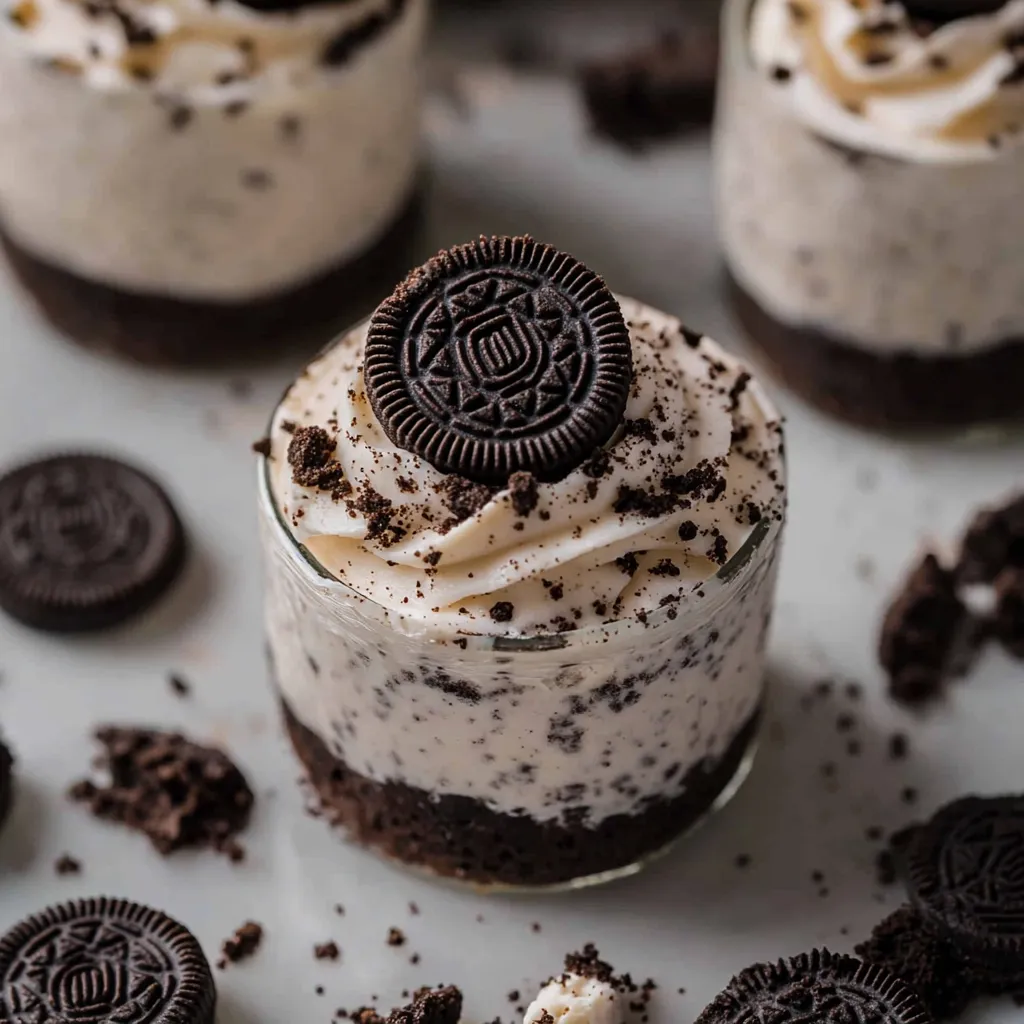 A chocolate and white dessert with a cookie on top.
