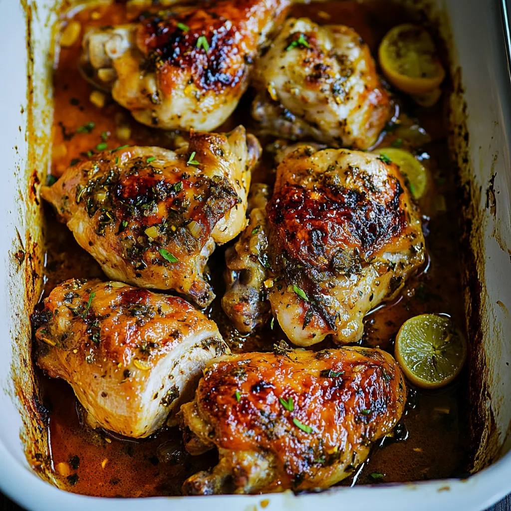 A pan of chicken with a lemon wedge.