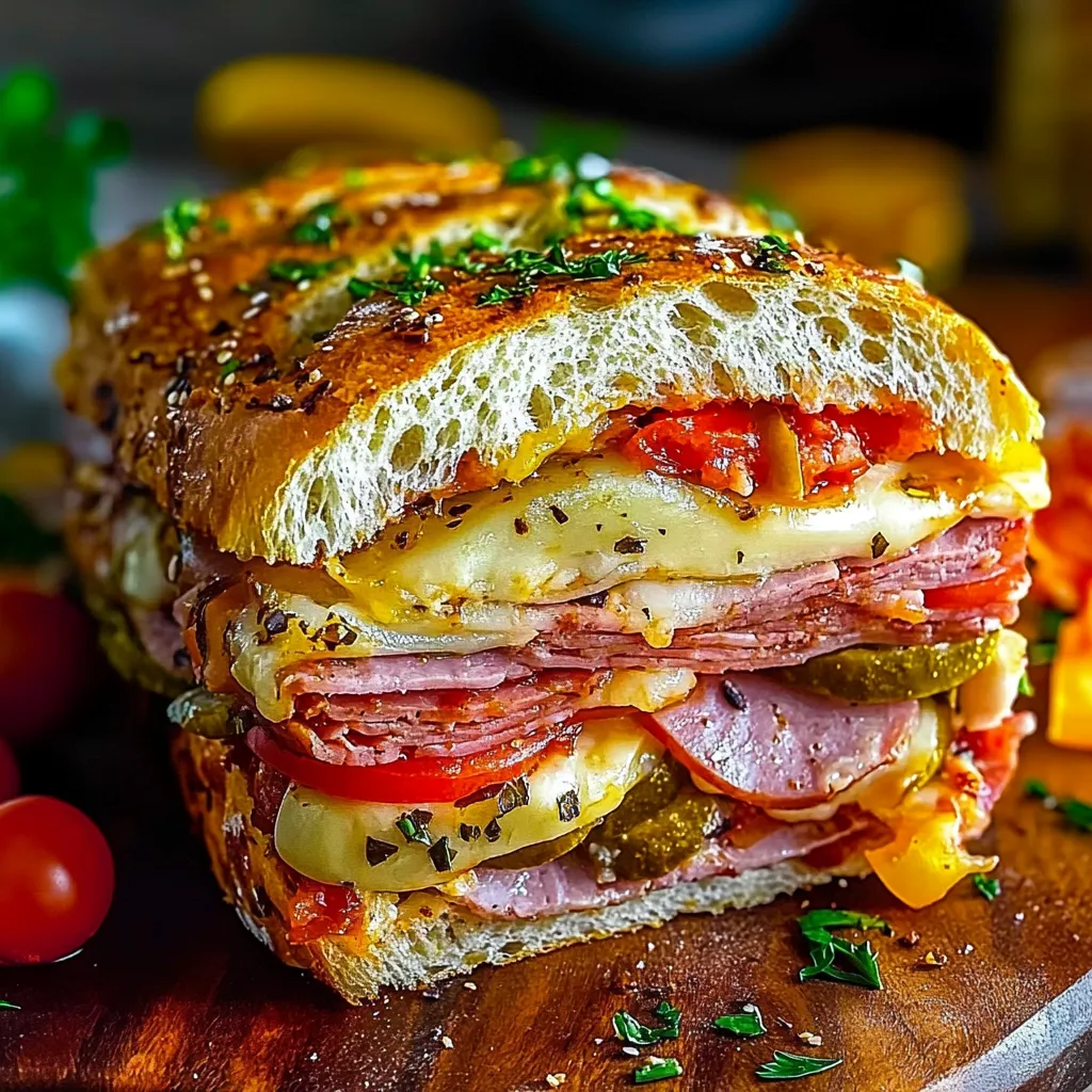 A sandwich with meat, cheese, tomatoes, and pickles.