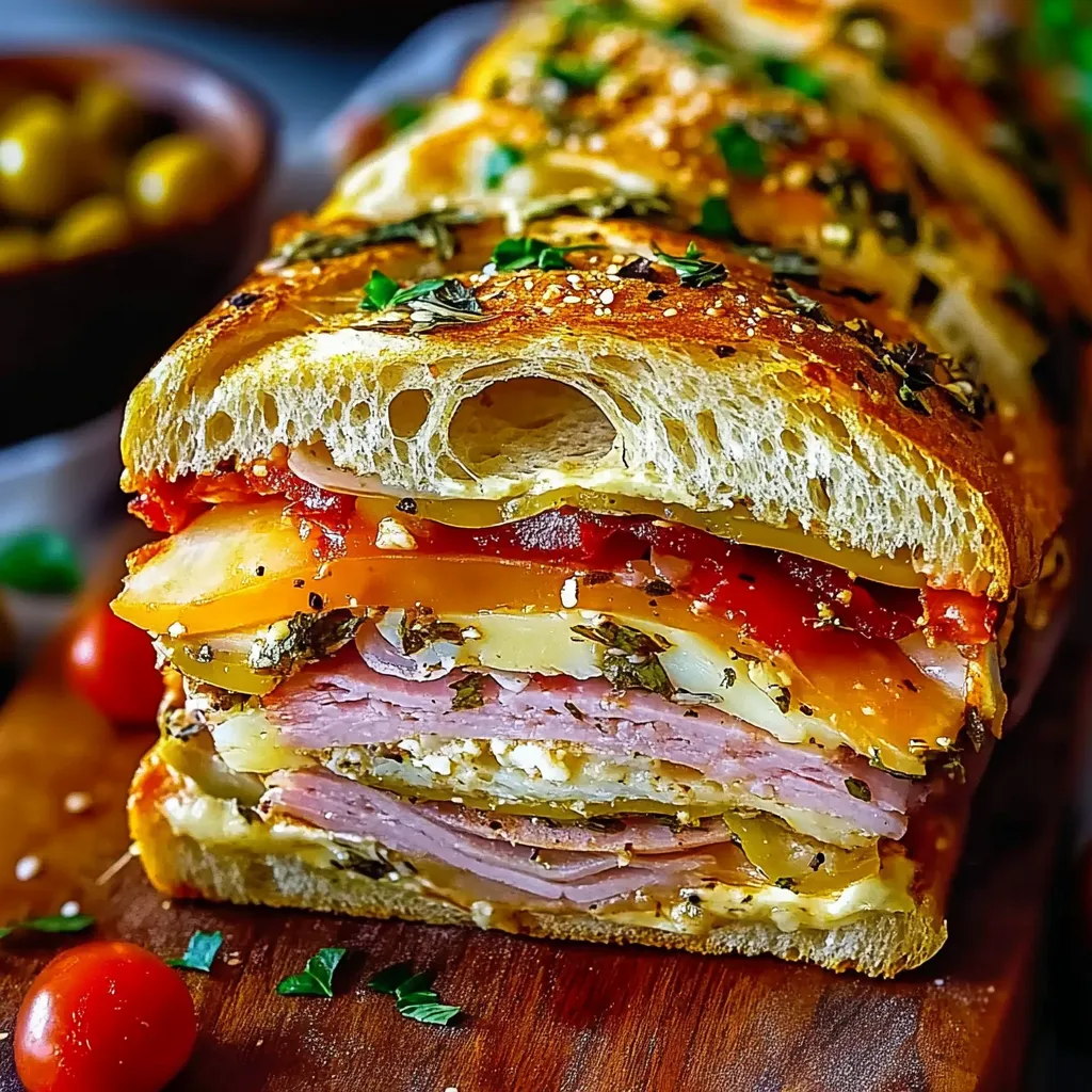 A sandwich with meat, cheese, tomatoes, and olives.