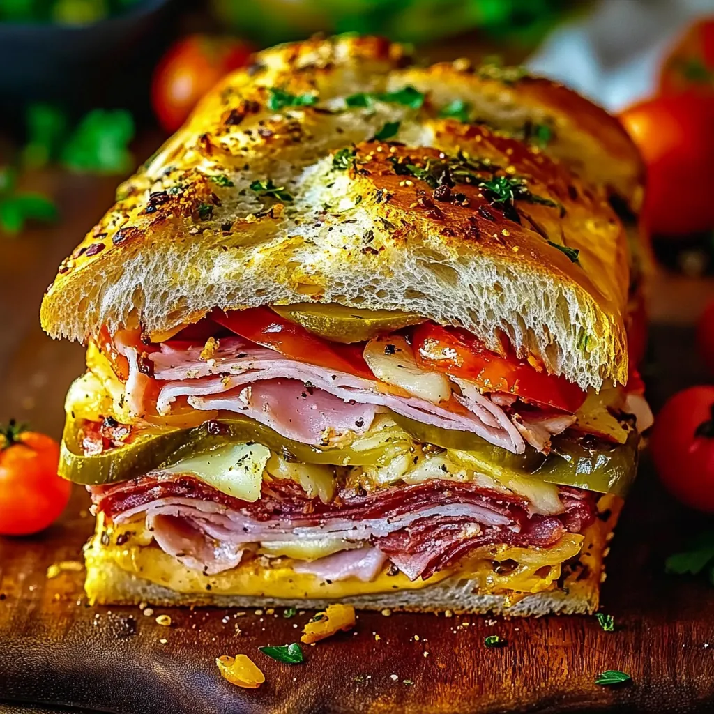 A sandwich with meat and vegetables on a wooden table.