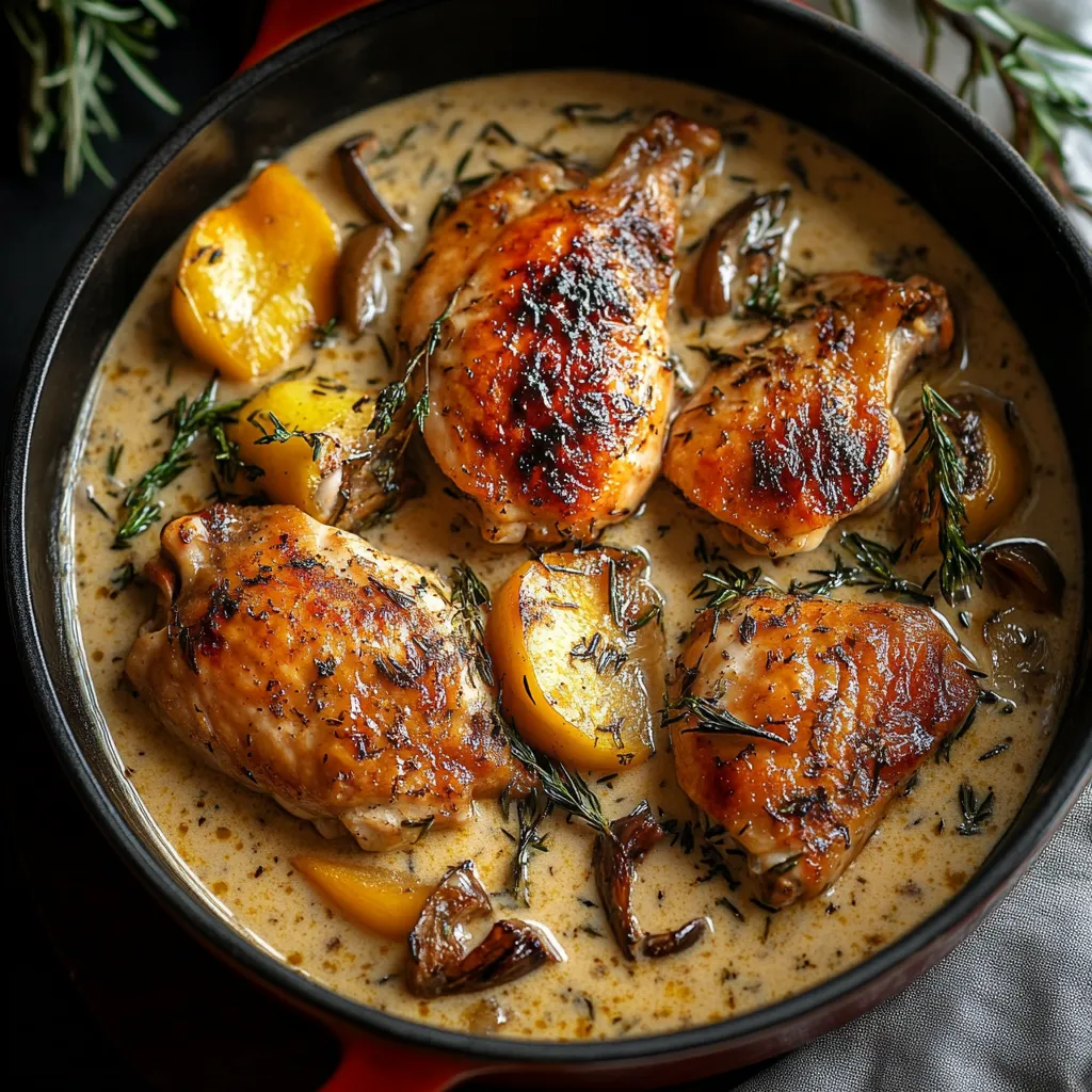 A bowl of chicken with mushrooms and herbs.
