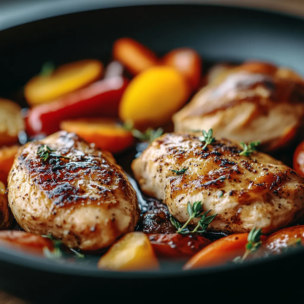 A pan of chicken and vegetables.