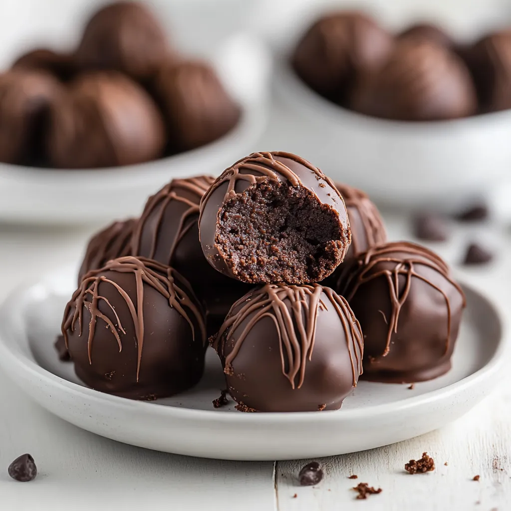 A plate of chocolate balls with chocolate drizzle.