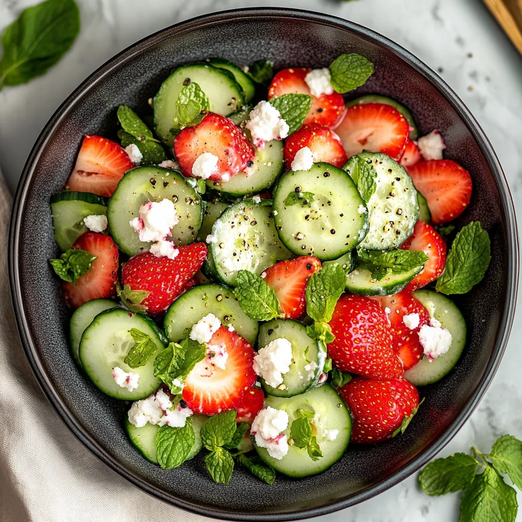 A bowl of fruit with strawberries, cucumbers, and mint.