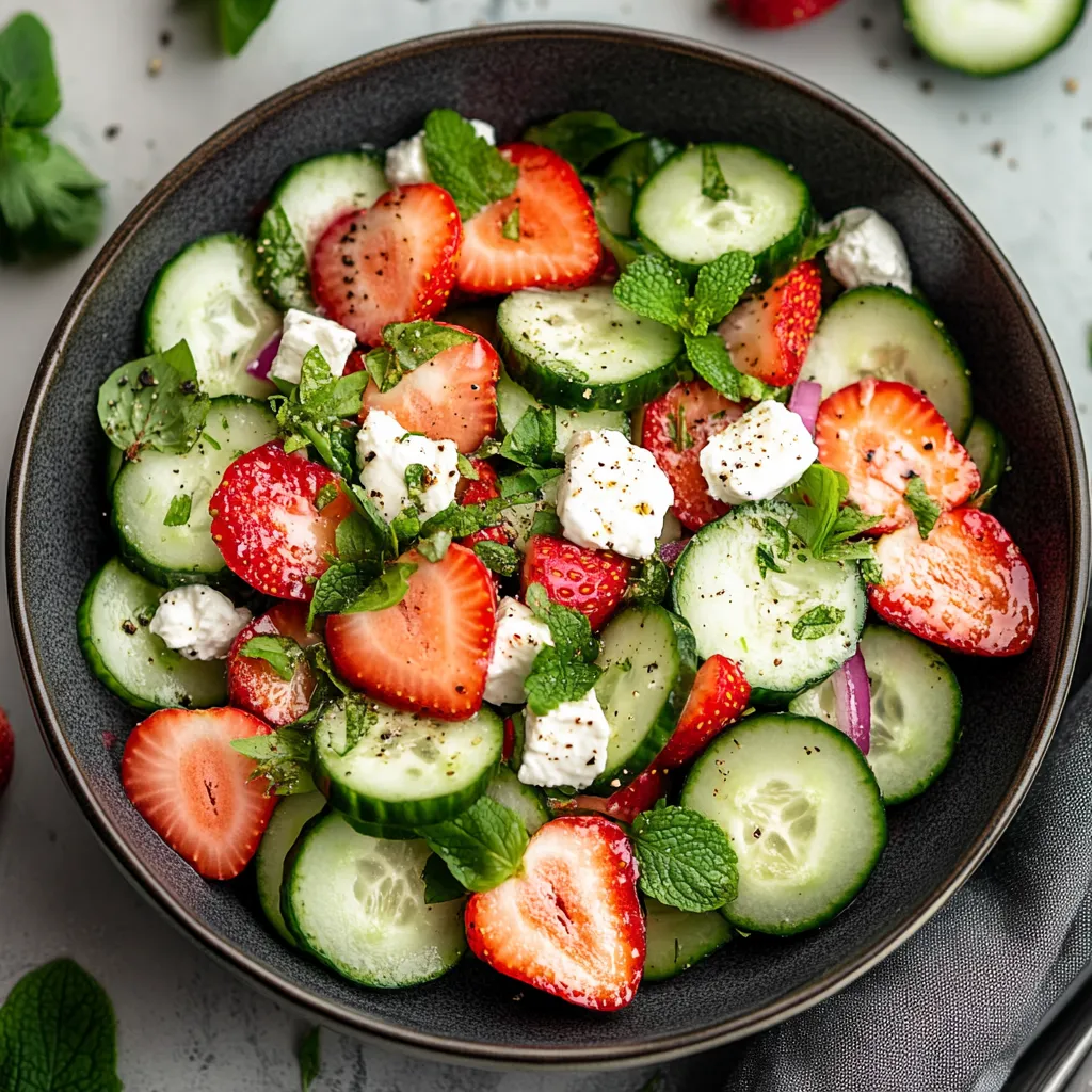 A bowl of fresh fruit salad with strawberries, cucumbers, and feta cheese.