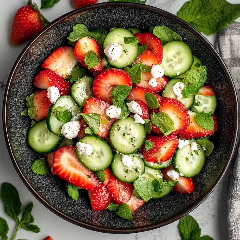 A bowl of fruit salad with strawberries, cucumbers, and mint.