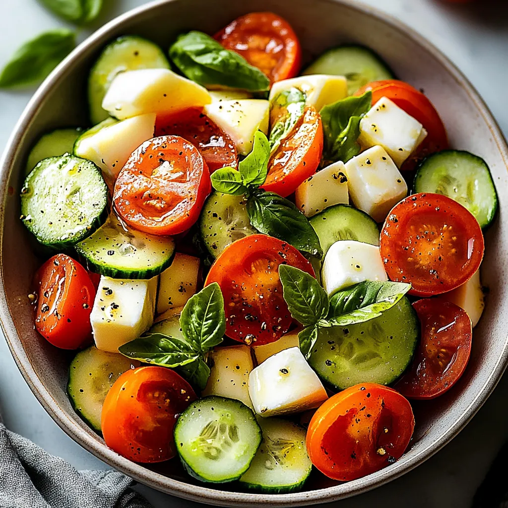 A bowl of vegetables including tomatoes, cucumbers, and cheese.