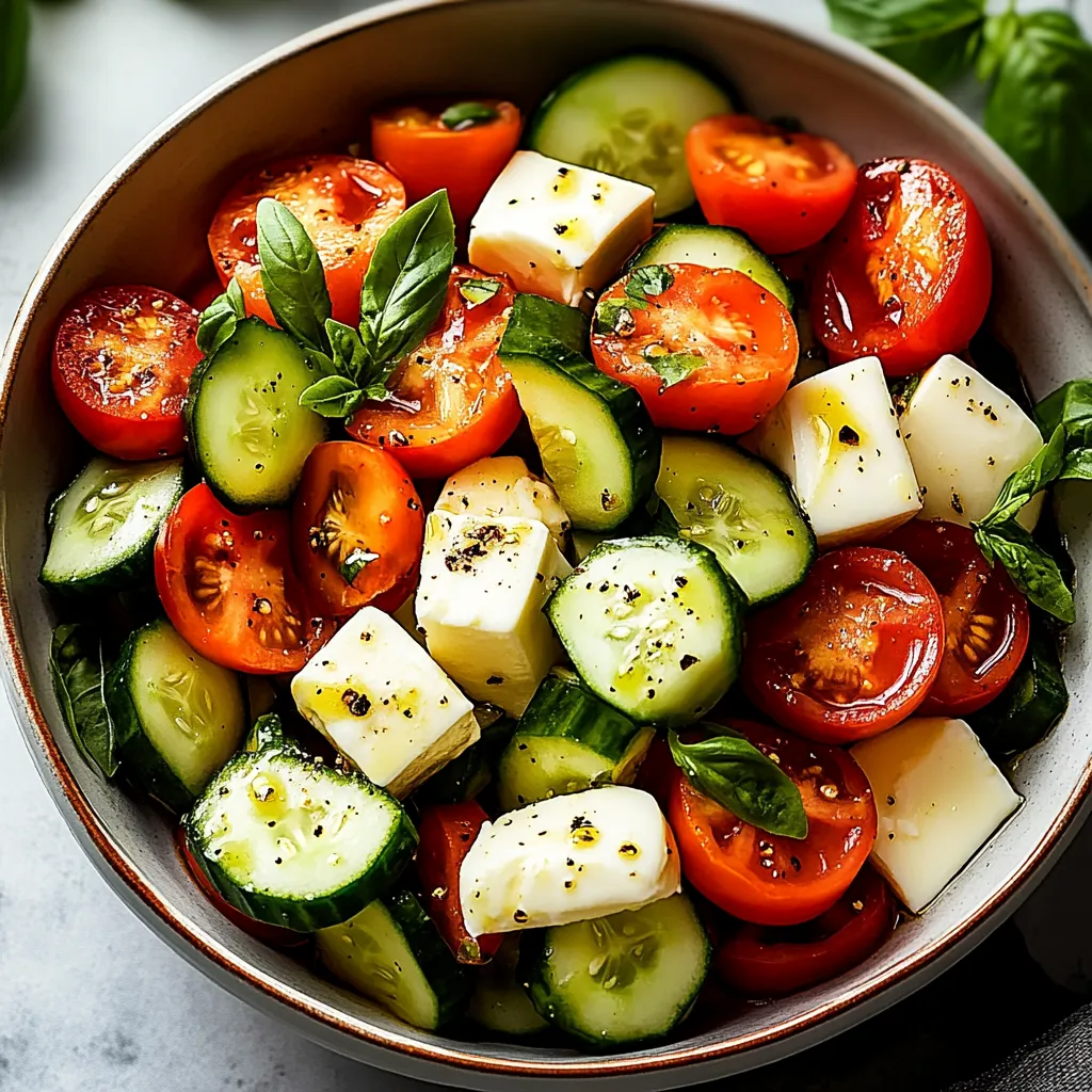 A bowl of vegetables including tomatoes, cucumbers, and cheese.
