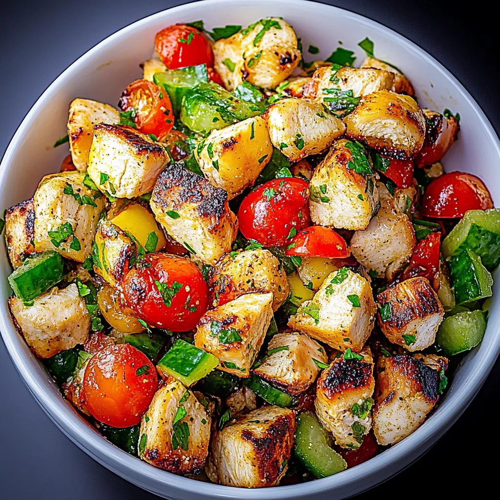 A bowl of food with tomatoes and chicken.