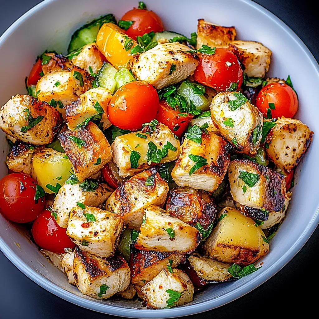 A bowl of chicken and vegetables.