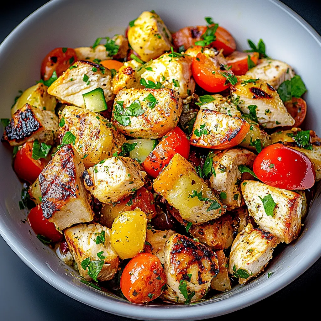 A bowl of food with chicken, tomatoes, and potatoes.