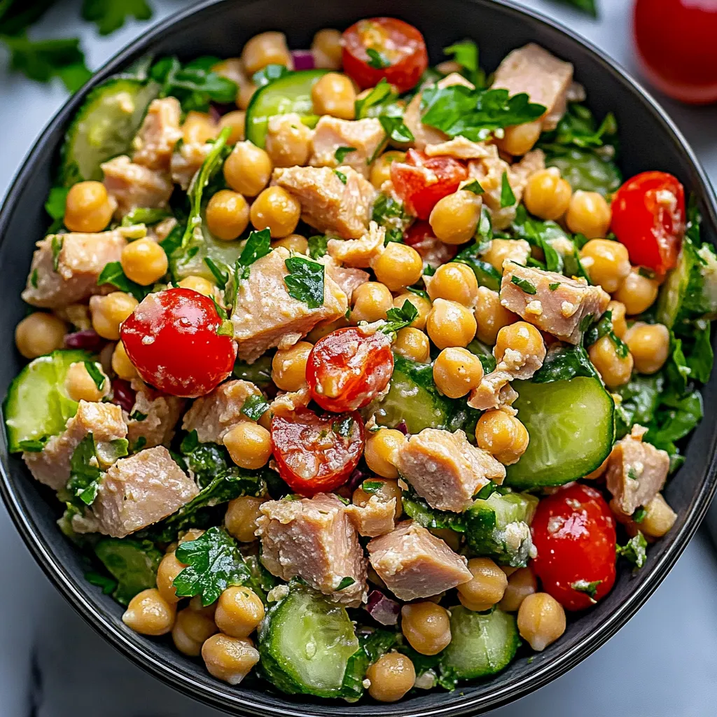 A bowl of chicken salad with tomatoes, cucumbers, and chickpeas.