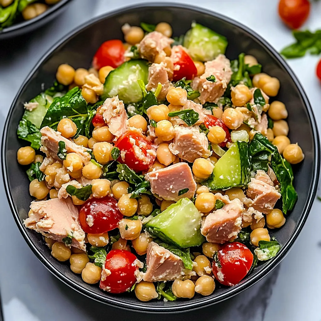 A bowl of food with tomatoes, cucumbers, and chickpeas.