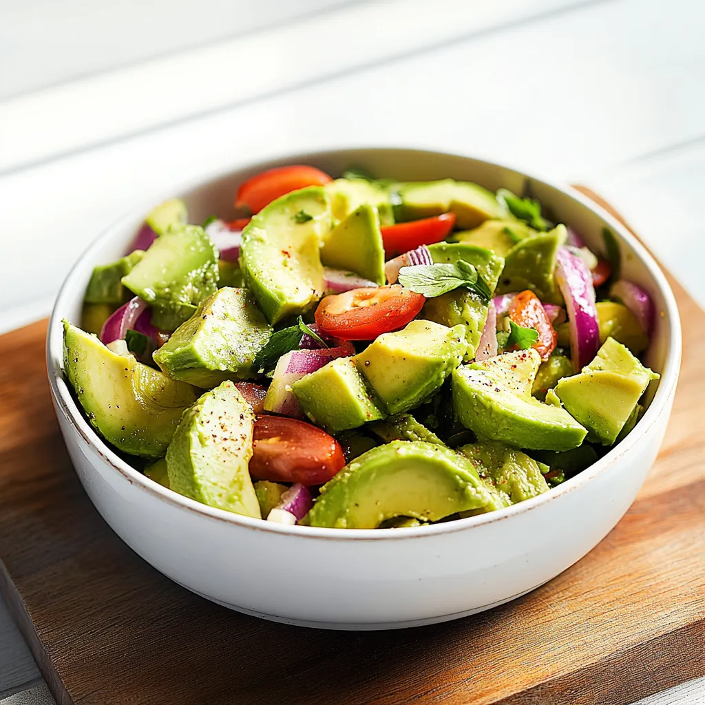 A bowl of sliced avocado with tomatoes and onions.