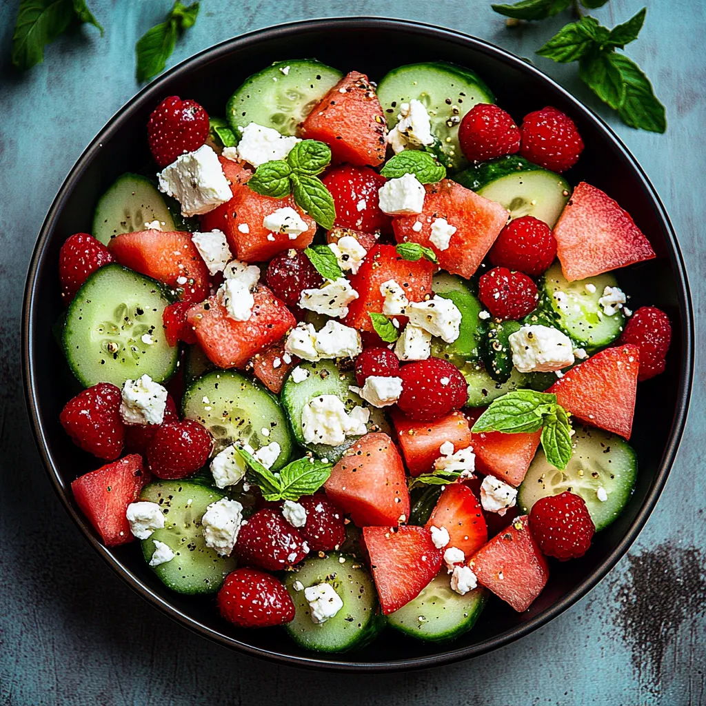 A bowl of fruit with cucumbers, strawberries, and cheese.