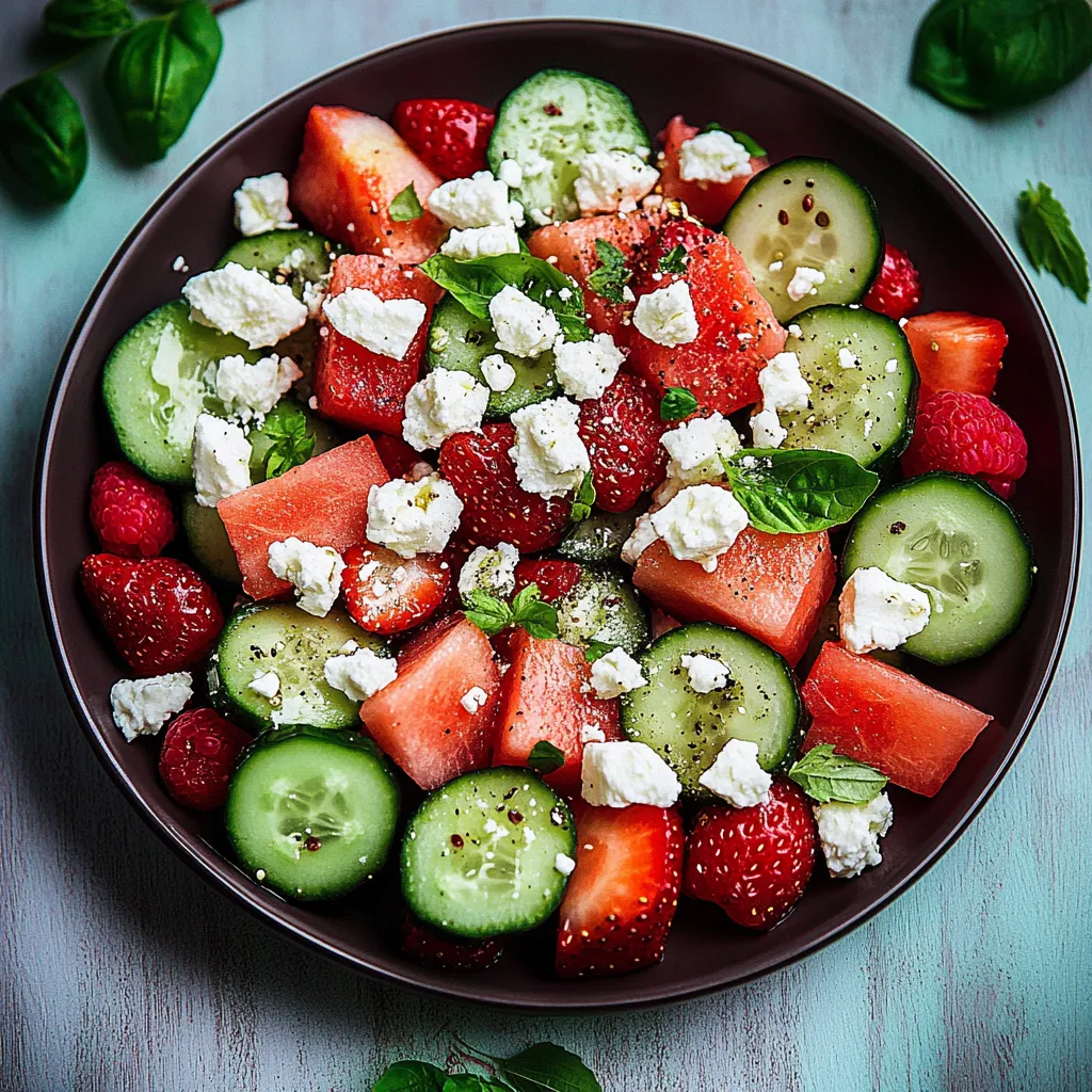 A bowl of fruit with strawberries, cucumbers, and cheese.