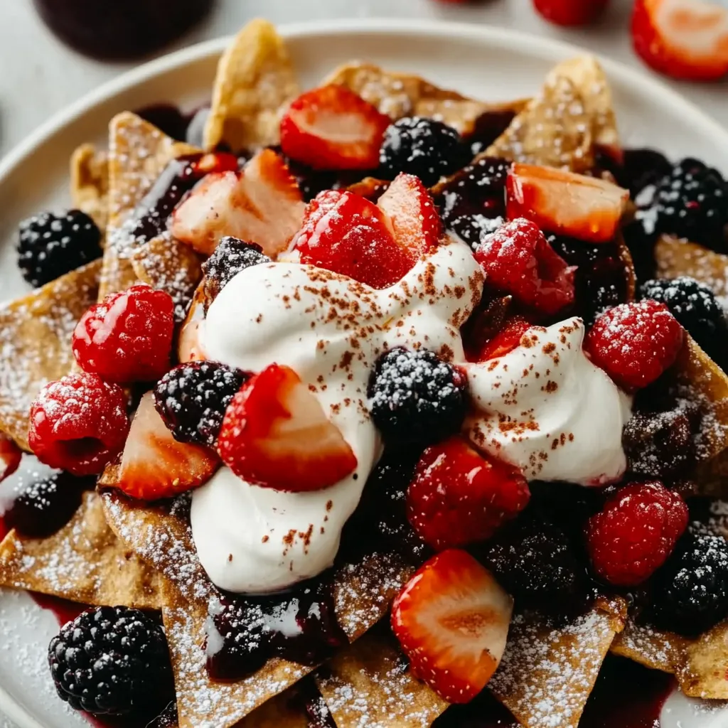 A plate of food with strawberries and blueberries on top.