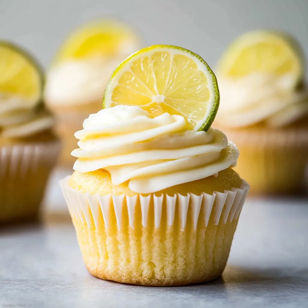 A cupcake with a slice of lemon on top.