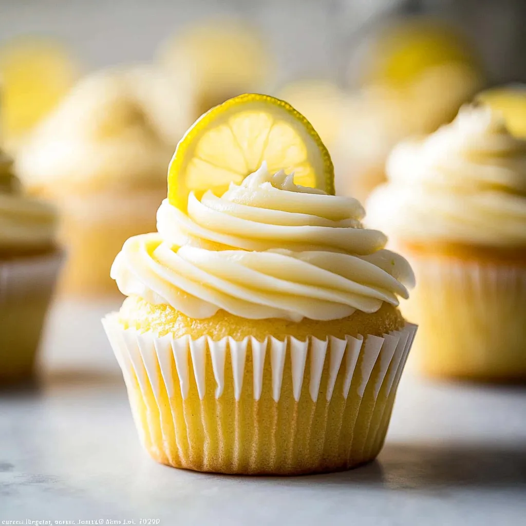 A cupcake with a lemon wedge on top.