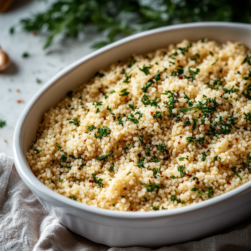 A bowl of rice with herbs on top.