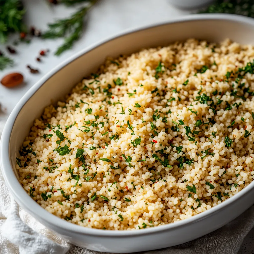 A bowl of rice with herbs on top.