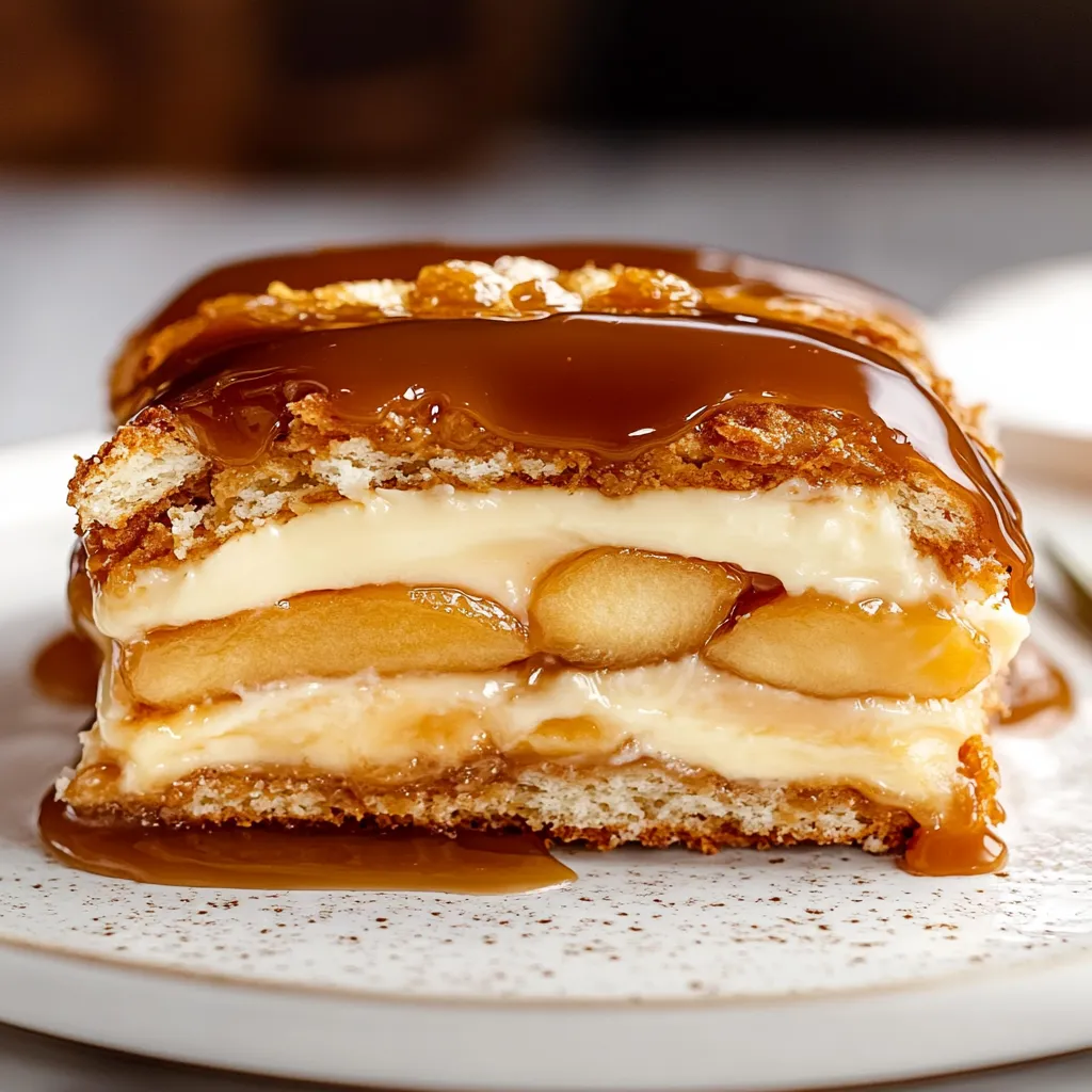 A slice of pie with caramel sauce.