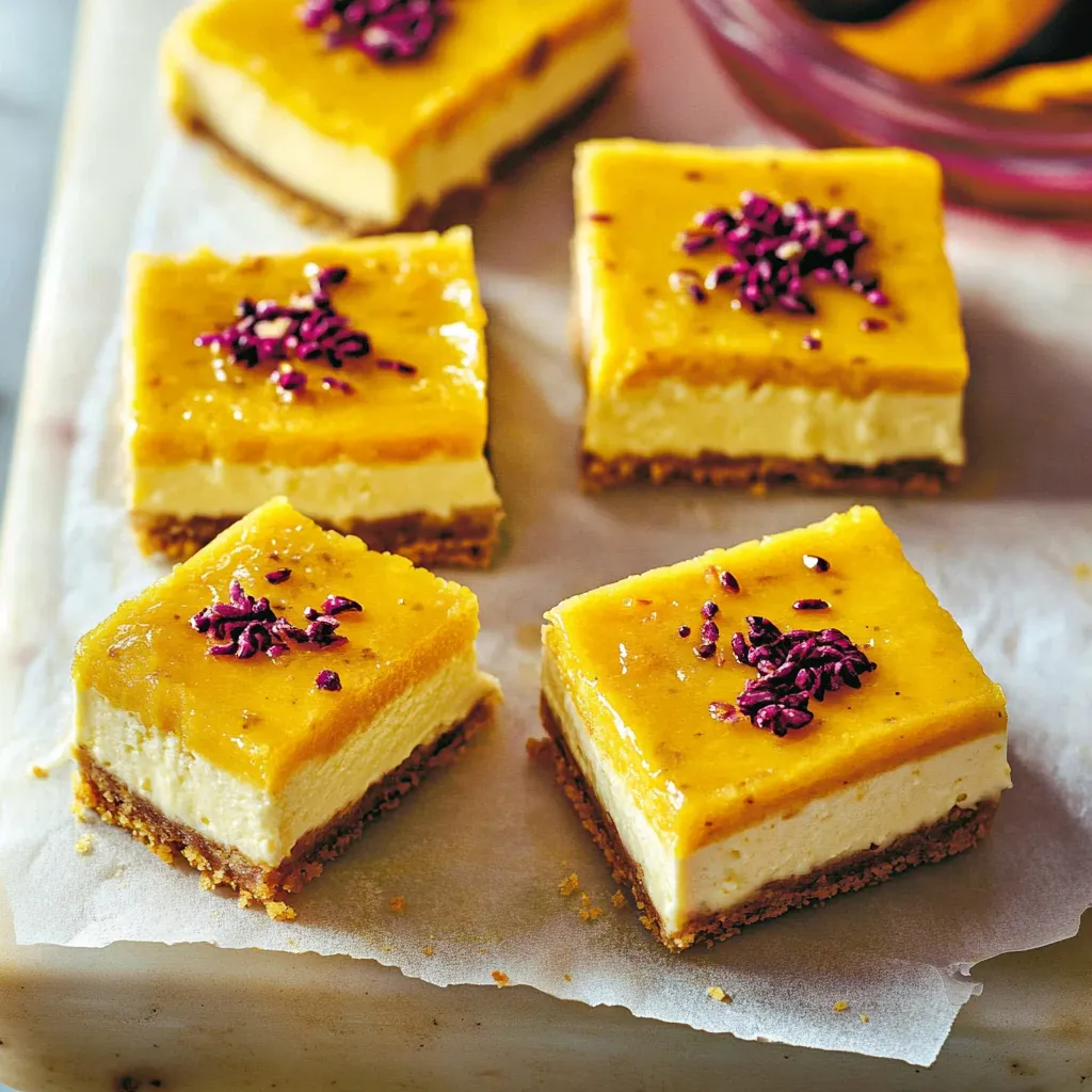 Four square pieces of cake with purple sprinkles on top.
