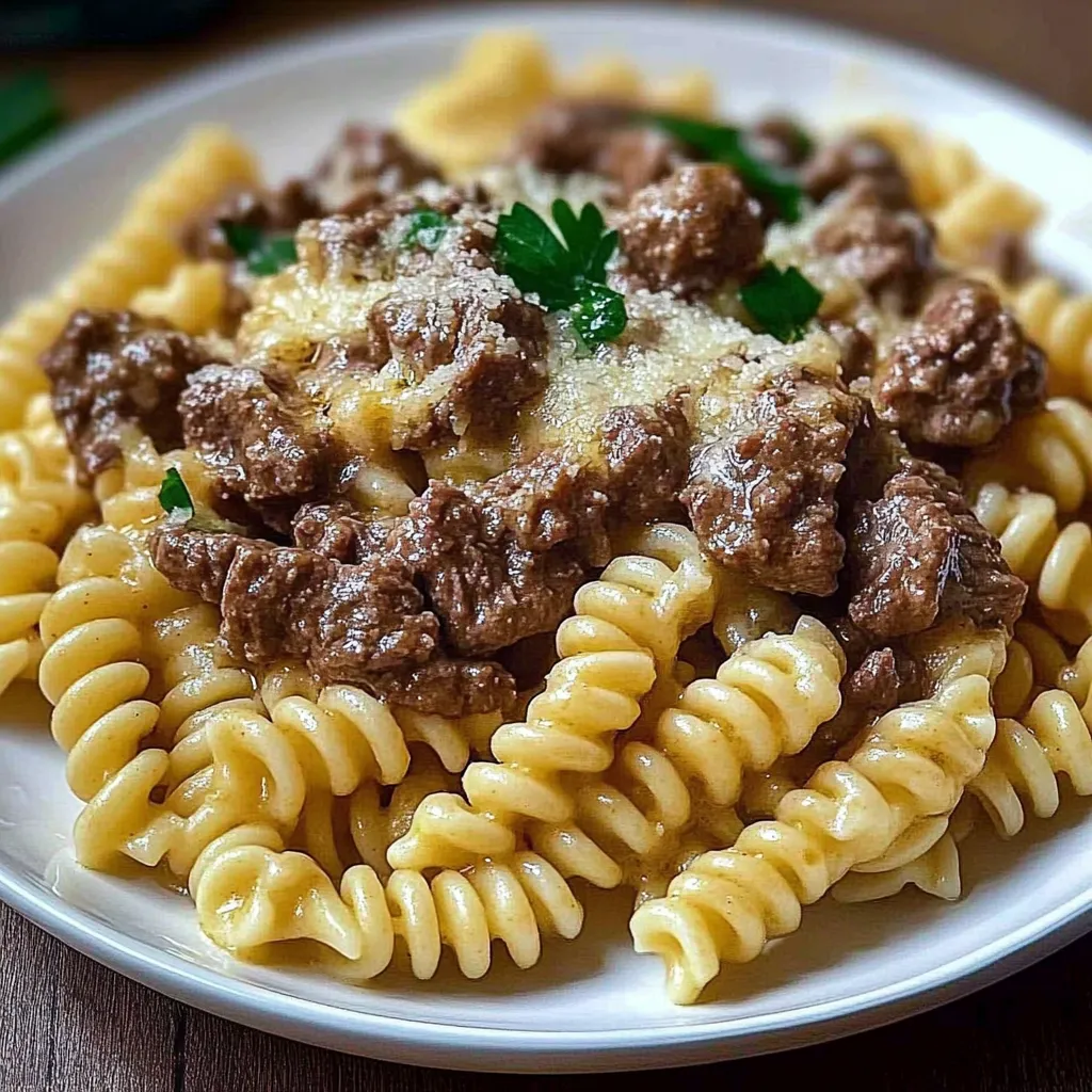 A plate of pasta with meat on top.