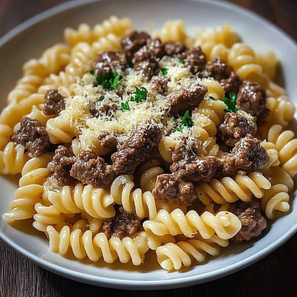 A plate of pasta with meat and cheese.