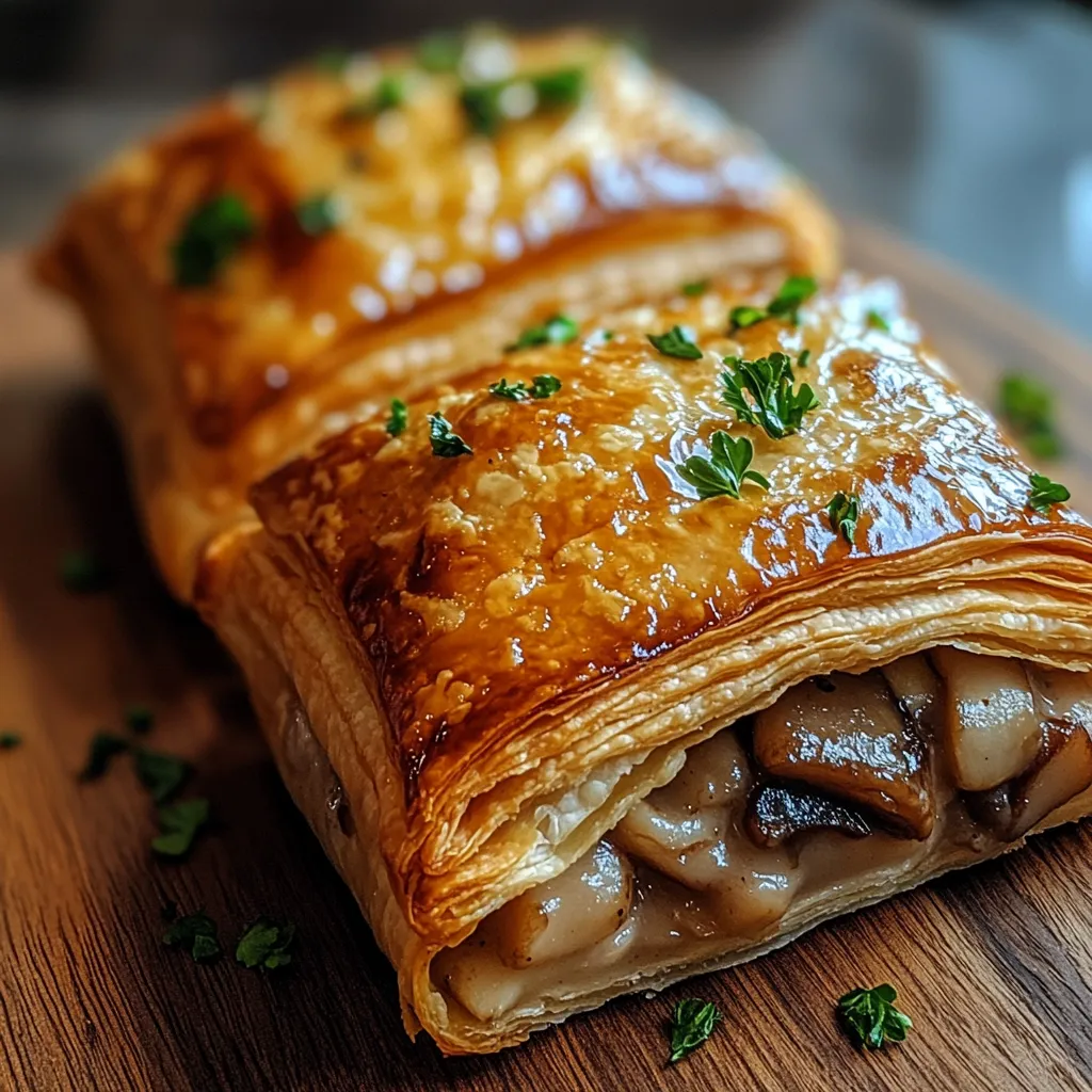 A pastry with mushrooms and herbs on a wooden table.