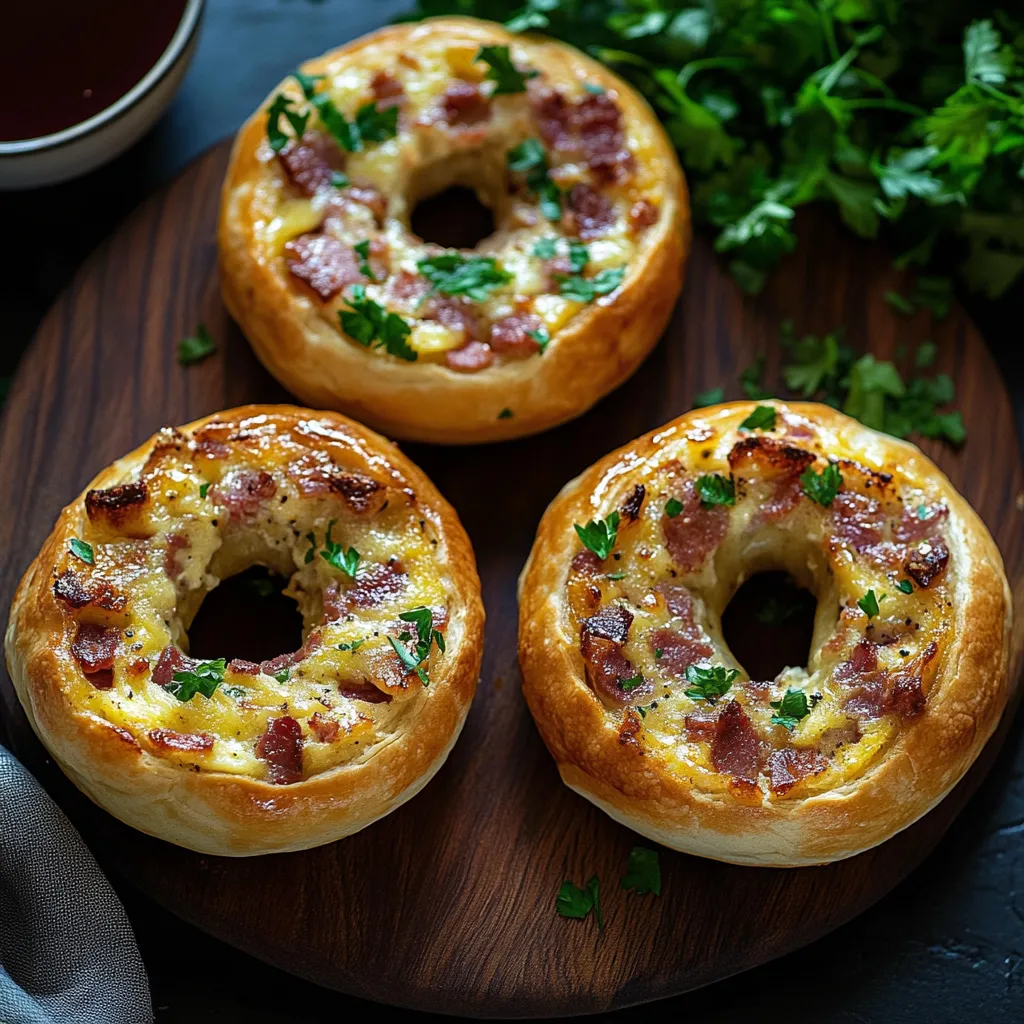 Three bagels with cheese and bacon on a wooden cutting board.