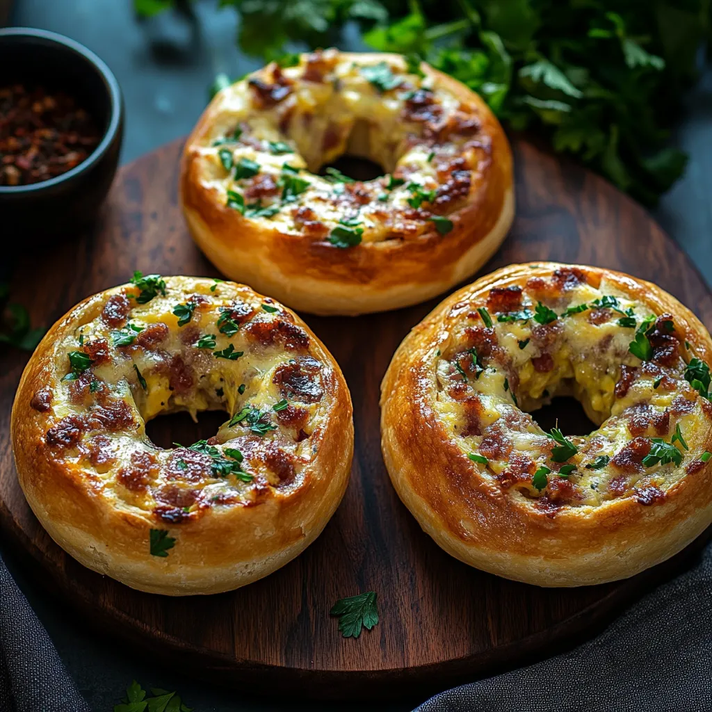Three bagels with cheese on a wooden cutting board.