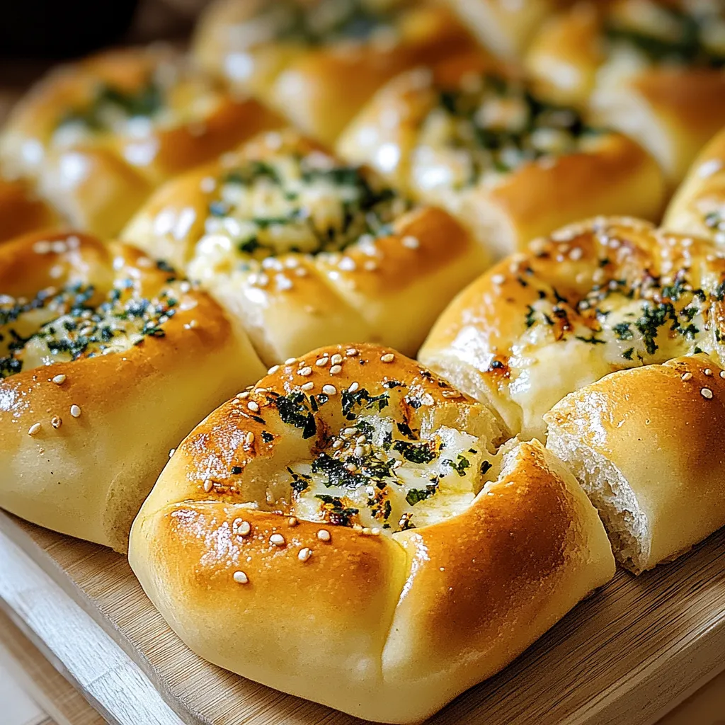 A plate of bread with cheese and herbs.