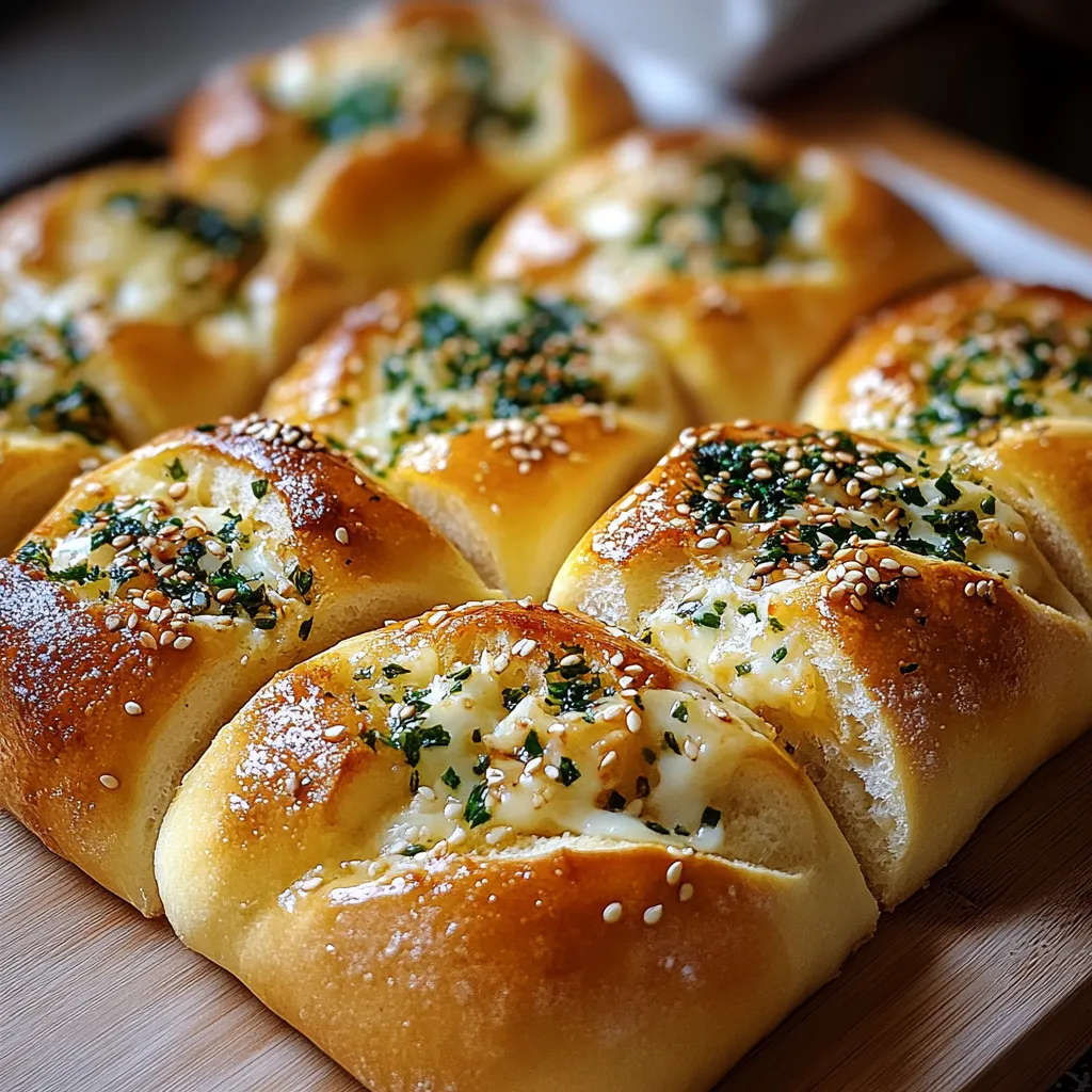 A plate of bread with cheese and herbs.
