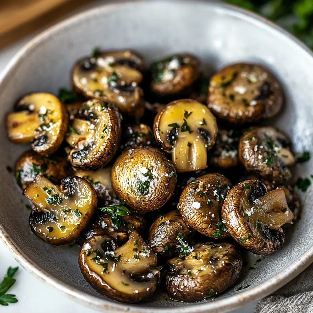 A bowl of mushrooms with herbs and spices.