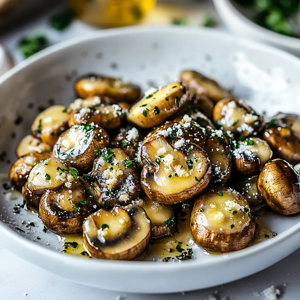 A bowl of mushrooms with cheese and herbs.