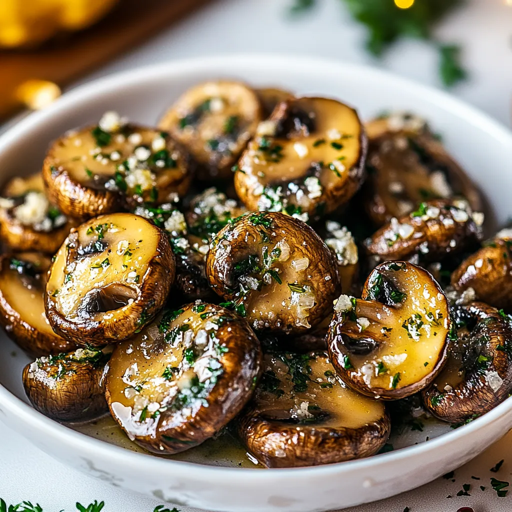 A bowl of mushrooms with herbs and cheese.