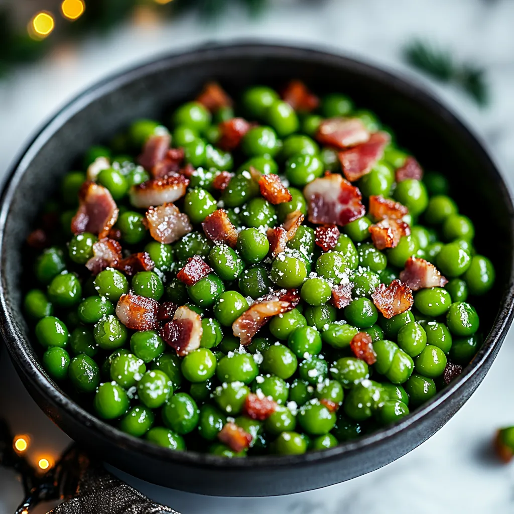 A bowl of green peas with bacon.